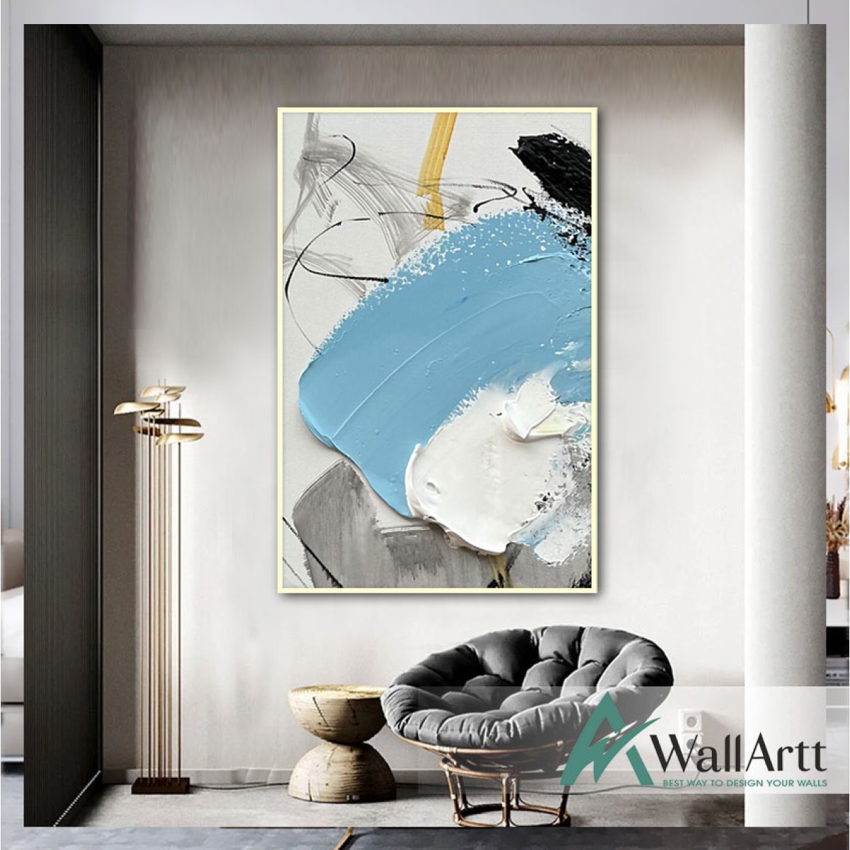 Abstract Baby Blue White 3d Heavy Textured Partial Oil Painting